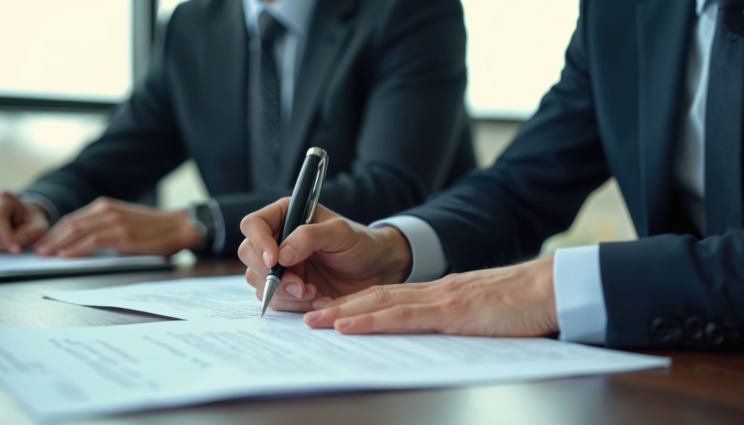 Business people, lawyers sign contract at table. Close-up of hands holding pen, signing legal document. Professional business partnership, teamwork, corporate negotiation, agreement, success.